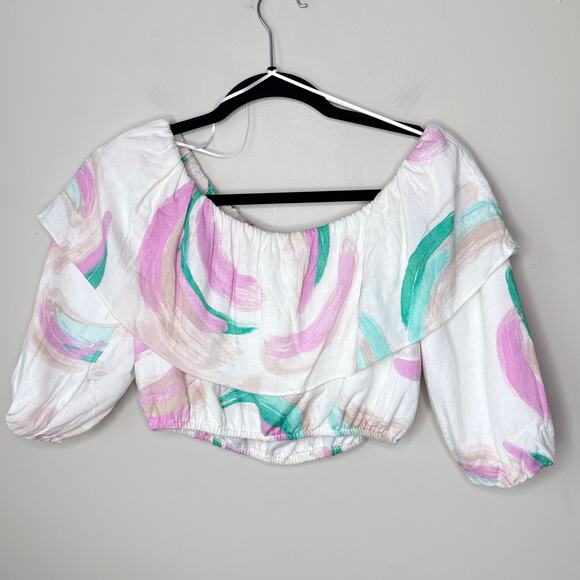 Gianni Bini‎ Brushstroke Off-Shoulder Ruffle Crop Top Puffy Sleeves Size Medium - Picture 6 of 8